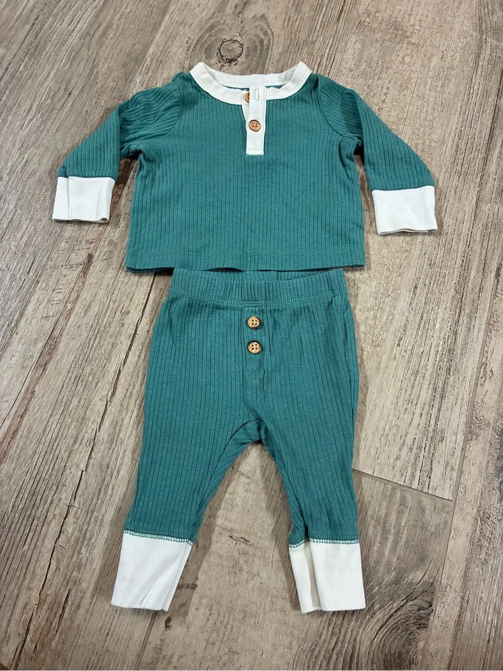 Baby Cat & Jack Newborn Teal Ribbed 2 Piece Outfit Set White Trim #1348